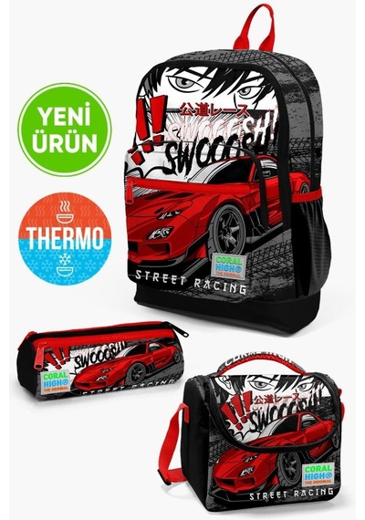 Coral High Kids Siyah Kırmızı Anime Araba Desenli 3'lü Okul Çanta Seti Goset0123747