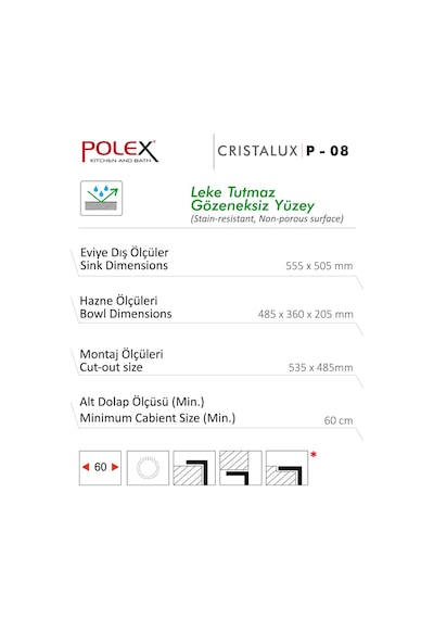 Polex Cristalüx Granit Evye P-08 Siyah Tezgah Altı Ve Tezgah Üstü Kare Mutfak Evyesi 55.5x50 CM