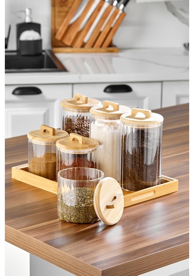 Cooker 6 Parça Standlı Bambu Kapaklı Borosilikat Cam Yuvarlak Baharatlık Şeffaf