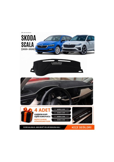 Skoda Scala 2020-2026 Uyumlu Torpido Koruma, Torpido Örtüsü, Torpido Kılıfı - Siyah Gri