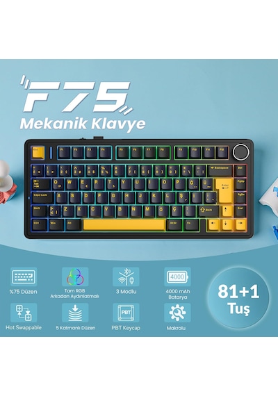 Aula F75 Mekanik Rgb Tkl Graywood V4 Switch Kablosuz Makrolu Hot Swap Türkçe Q Klavye Siyah