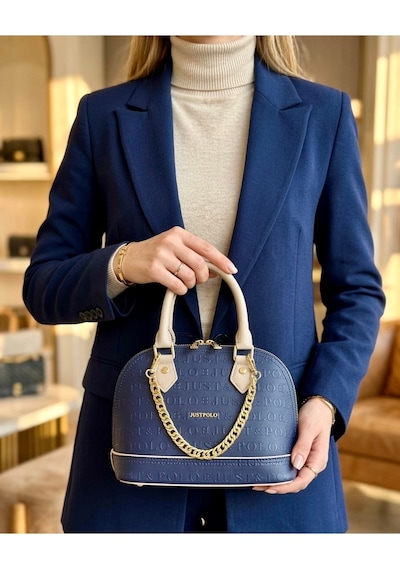 Just Polo Lüks Tasarım Zincir Detaylı Lüks El Ve Omuz Çantası Shopper Ebat : 25x22 Cm Lacivert - Taş