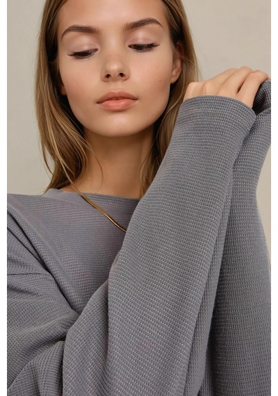 Hiccup Bisiklet Yaka Uzun Kol Waffle Sweatshirt Gri