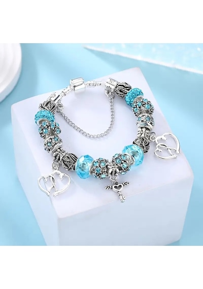 Yeni Tarz , Crystal Mavi Kalp Charmlı Aşk , Sevgi Charmlı Bileklik, Ahşap Kutu İçerisinde Gümüş Gümüş