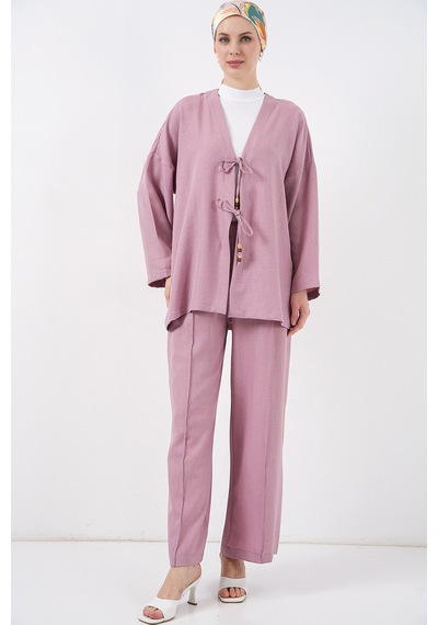 Bigdart Kadın Keten Kimono İkili Takım 6727 - Gülkurusu