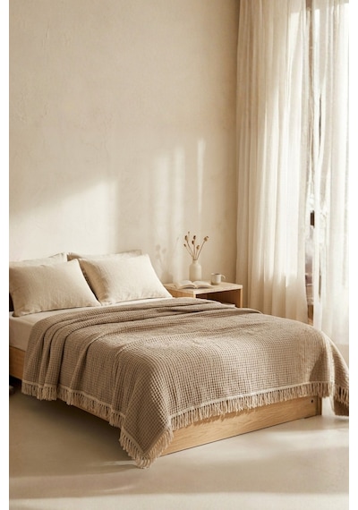 Natura Soft Ekru 4 Kat Müslin Çift Kişilik Yatak Örtüsü 220x230 Cm %100 Pamuk Çok Amaçlı Koltuk Örtüsü Ve Tv Battaniyesi Bej