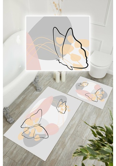 Dijital Baskı Kelebek Desen Kaymaz Taban 2li Set Banyo Paspası Klozet Takımı 50x60cm-60x100cm Gri