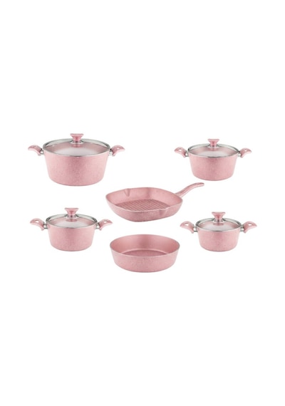 10 Parça Granit Set Cam Kapak - Pembe Pembe