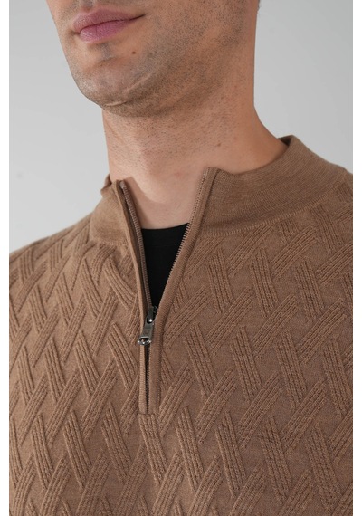 Bisse Camel Yün Yarım Balıkçı Yaka Fermuar Detaylı Jakarlı Triko Tr23k23208 D70