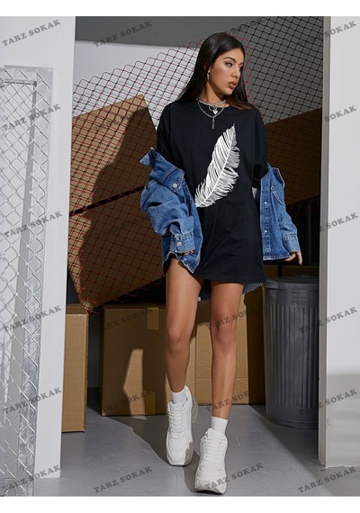 Startmore Tüy Baskılı Oversize Kalıp Unisex T-shirt Siyah