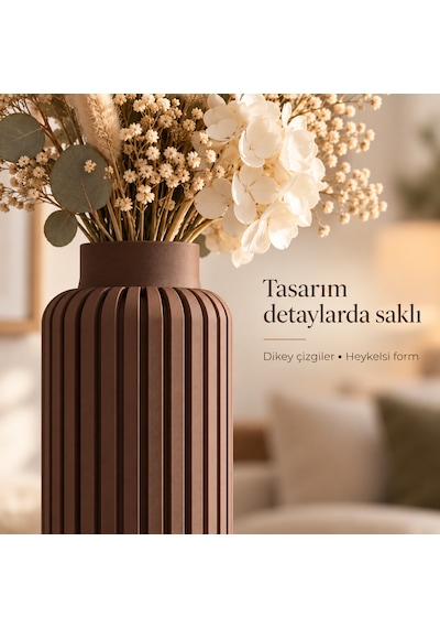 Dikey Çizgili Dekoratif Vazo 20 Cm Modern Silindir Tasarım Kahverengi