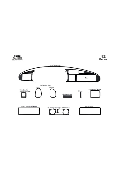 Ford Ranger Torpido Kaplama 1999-2006 12 Parça Siyah Karbon