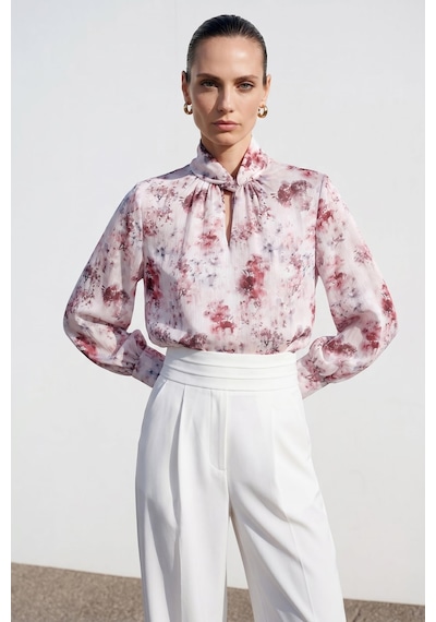 Sateen Çiçek Desenli Bluz - Mürdüm-137403
