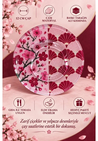 6 Lı Cam Çay Tabağı Kiraz Çiçeği & Japon Yelpaze Desenli 12 Cm 6 Adet Çay Tabak Pembe