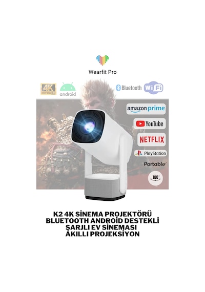 Wearfitpro K2 Şarjlı Projeksiyon Cihazı Android Bluetoothlu Ev Sineması