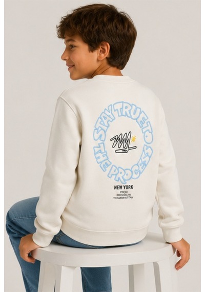 İrem Çocuk Giyim Erkek Çocuk Önü Arkası Stay True Yazı Desenli Ekru Sweatshirt Ekru