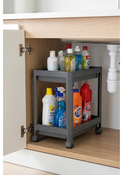 2 Katlı Tekerlekli Tezgah Altı Raf Düzenleyici Organizer, Banyo Lavabo Altı Düzenleyici "antrasit" Antrasit