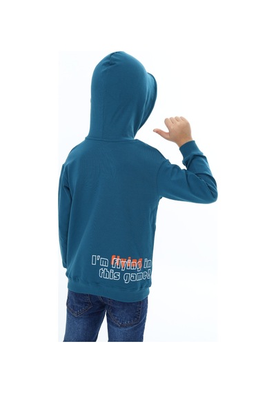 Toontoy Kids Erkek Çocuk Relax Fit Kapüşonlu Cepli Hafif Düşük Omuz Baskılı Sweatshirt Petrol Mavi