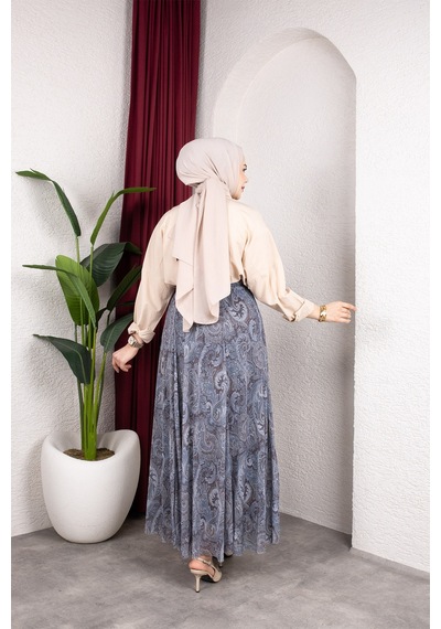 Hira Life Fashion Asimetrik Kesim Etnik Desen Astarlı Tül Tesettür Etek Gri Gri