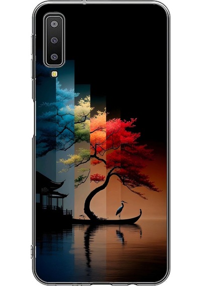 Samsung Galaxy A7 2018 Uyumlu Dört Mevsim Ağaç Baskılı Silikon Kılıf Renkli