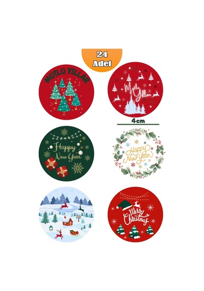 24 Adet 4 Cm Yılbaşı Temalı Etiket, Yapışkanlı Sticker, Hediye Paketi Etiketi Yüksek Kalite Standart