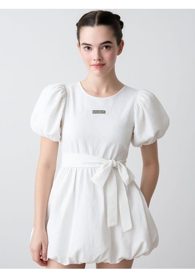 Kız Çocuk Poplin Balon Tasarım Elbise-15794 Ekru
