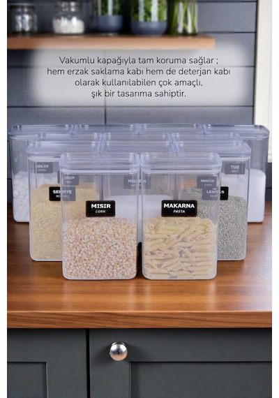 6'lı Etiketli Erzak Bakliyat Kiler Dolap Mutfak Düzenleyici Saklama Kabı Seti 3000 Ml Şeffaf
