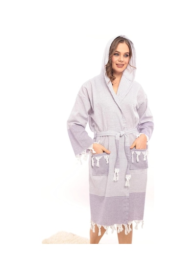 Hürrem Püsküllü Kapüşonlu Banyo Sauna Havuz Plaj Kadın Erkek Unisex Cepli Pamuklu Peştamal Bornoz Lila