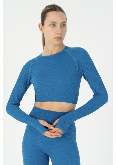 Maraton Slimfit Kadın Bisiklet Yaka Turkuaz Crop Top Turkuaz