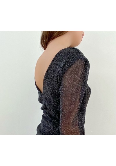 Mois Atelier Siyah  Simli Sırt Dekolteli Büzgülü Kadın Mini Elbise Büyük Beden Siyah