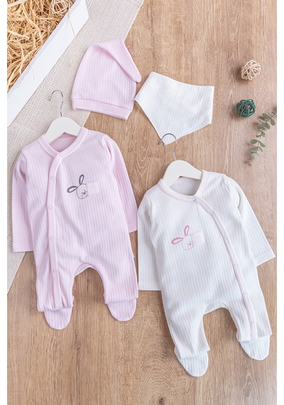 Babymod Tavşan Figürlü 2'li Uzun Kollu Kız/erkek Bebek Tulum Takım Bej