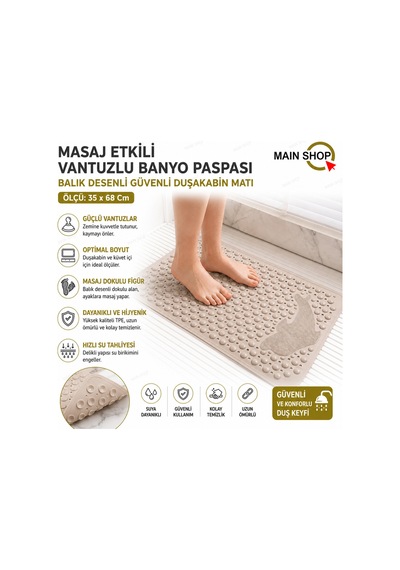 Mainshop 1 Adet Vantuzlu Banyo Ve Duş Kaydırmazı Duşa Kabin Küvet Içi Paspası Balık Desenli 35 X 68 Cm M-10 Bej