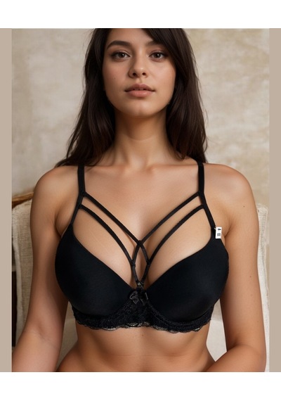 Lydia Önü Şeritli Dekoltesi Tasarım Yanları Dantelli Push-up Çeki Siyah