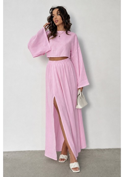 Unika Boutique Ham Keten Bohem Bluz Etek Takım Toz Pembe