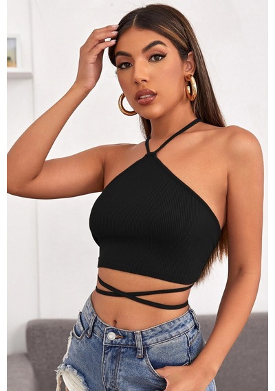 Alfa Aksesuar 03 Kadın Siyah Sırtı Açık Boyundan Çapraz Bağlamalı Crop Top Bluz