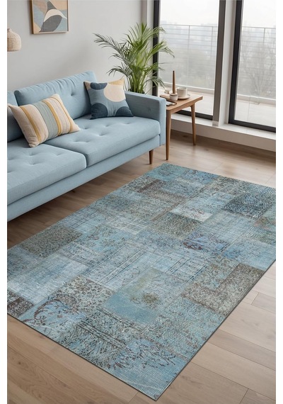 Cosy Patchwork Desenli Şönil Pamuk Tabanlı Yıkanabilir Kaymaz Antibakteriyel Salon Halısı 80x200 Çok Renkli