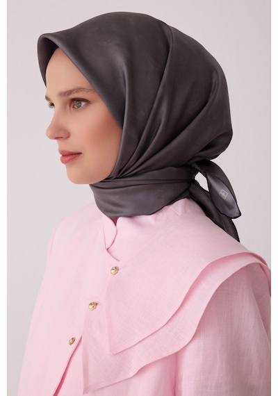 Belli Soyut Desen %100 Twill İpek Eşarp Be28 Koyu Gri