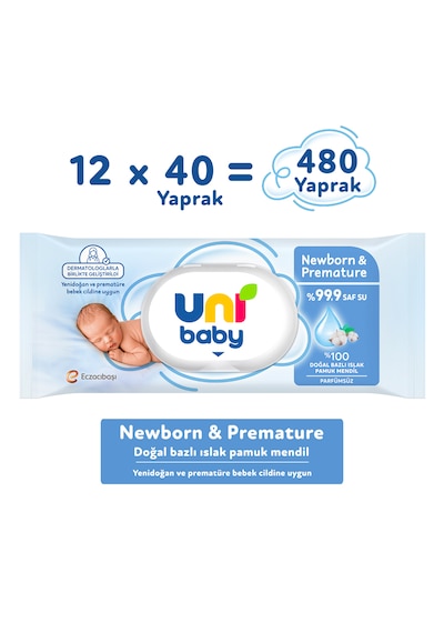 Uni Baby Newborn & Premature Yenidoğan Islak Pamuk Mendil 12x40 480 Yaprak 12'li Set