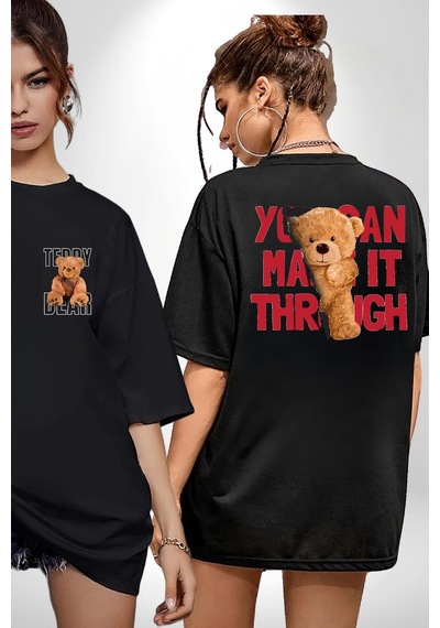 Bunu Alabilirsin Çantadan Çıkan Ayı Siyah Oversize Unisex Ön Ve Sırt Baskılı Tişört Siyah