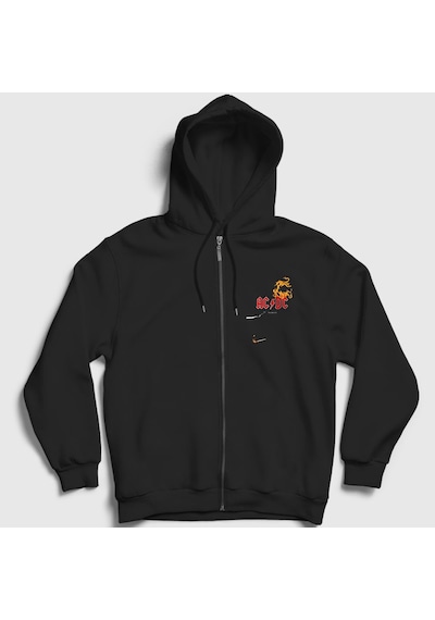 Presmono Unisex Black Ice Fire Ac/dc Fermuarlı Kapüşonlu Sweatshirt Siyah