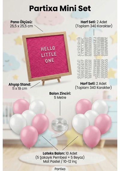Hastane Odası Süsleme Hoş Geldin Bebek İlk Gün Mini Set Kız Pembe Keçe Yazı Panosu Standlı Balon Zincirli 0 - 20 Ay