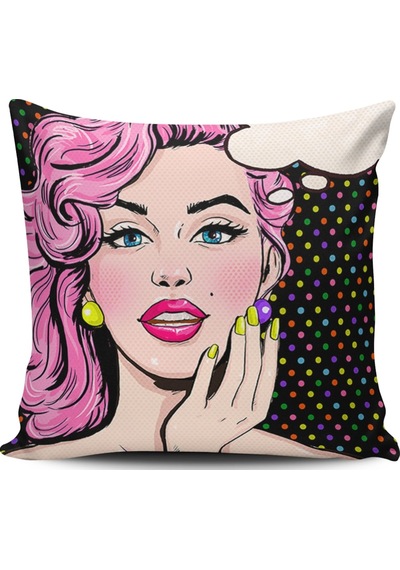 Kırlent Dünyası Pop Art Kızı Dijital Baskılı Kırlent Kılıfı (387095258)