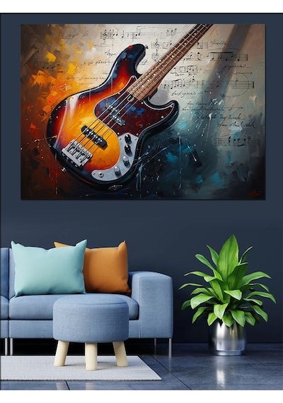 Ahşap Tablo Elektro Gitar Ve Renkli Boya Patlaması İnsan Figürlü Tablolar