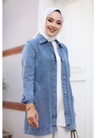 Harman Butik Kadın Taş İşlemeli Denim Kot Ceket Kot Mavi Kot Mavi