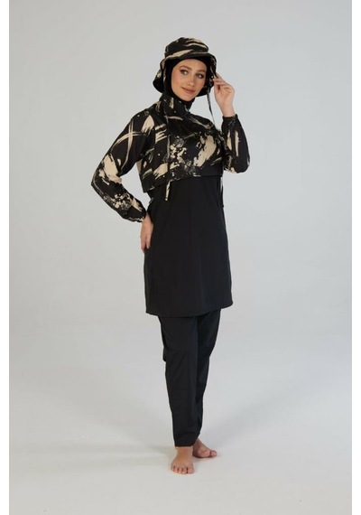 Estiva 26973 Siyah Brushstroke Tam Kapalı Croplu Şapkalı Pantolonlu Tesettür Mayo