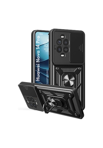 Huawei Nova 14 Pro Uyumlu Tank Kılıf Yüzüklü Standlı Extra Koruma Zırhlı Outdoor Kapak Siyah