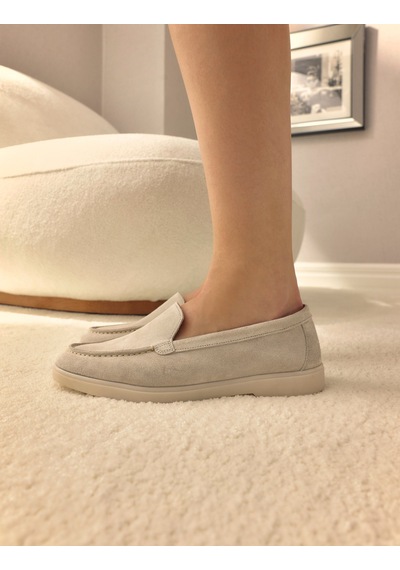 %100 Hakiki Deri Bej Süet Kadın Loafer Bej