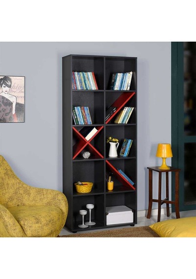 Gaming 10 Raflı Kitaplık - Antrasit-kırmızı 75x188x30 Cm Gxyxd