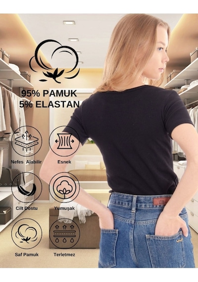 Alya Underwear V Yaka Kaşkorse Kumaşlı Kısa Kollu Bluz, Esnek Ve Pamuklu Kumaş Badi, Bej Kemik Body Siyah