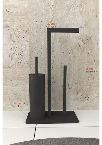 Aju Tuvalet Kağıtlığı Yedekli Tuvalet Fırçası Standı Metal Ağır Devrilmez Modern Wc Kağıtlık Tutacağı Siyah